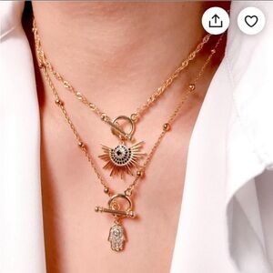 Hamsa Hand with CZ Micro Pave Necklace 18K Gold-Filled Toggle Clasp Pendant